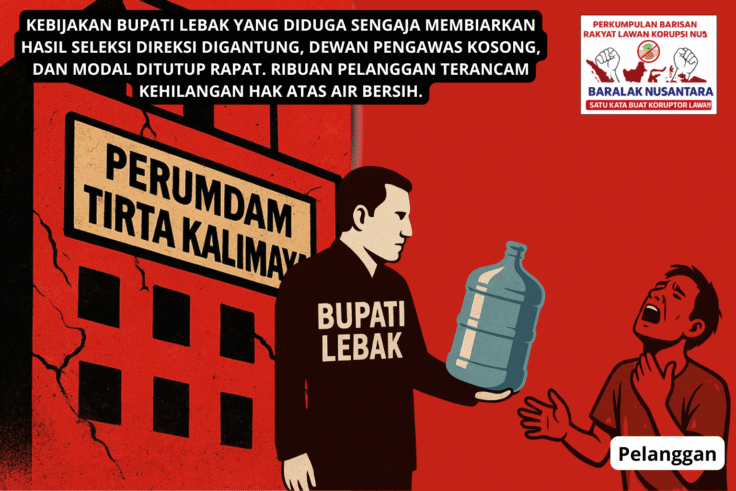 Bupati Lebak memegang galon air sementara masyarakat pengguna PDAM terlihat kehausan, menggambarkan krisis air bersih akibat kevakuman Perumdam Tirta Kalimaya.