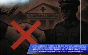 Ilustrasi dugaan pungutan liar dalam rekrutmen pegawai Puskesmas Kumpai, Kabupaten Lebak. Dua tangan berjabat dengan tanda silang merah, menggambarkan praktik pungli yang ditolak publik.