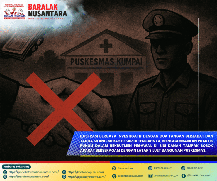 Ilustrasi dugaan pungutan liar dalam rekrutmen pegawai Puskesmas Kumpai, Kabupaten Lebak. Dua tangan berjabat dengan tanda silang merah, menggambarkan praktik pungli yang ditolak publik.