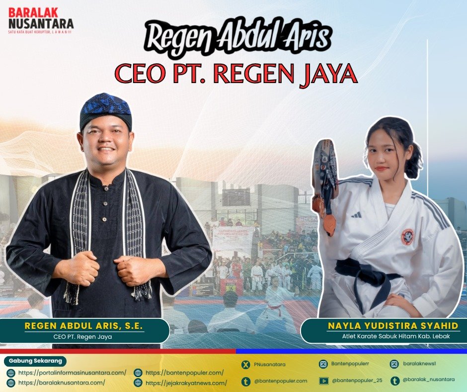 Regen Abdul Aris CEO PT Regen Jaya berdampingan dengan atlet karate sabuk hitam Kabupaten Lebak, Nayla Yudistira Syahid, menunjukkan dukungan sponsor.