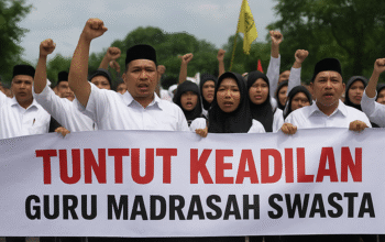 foto ilustrasi Sejumlah guru madrasah swasta di Kabupaten Lebak menggelar aksi protes dengan membentangkan spanduk bertuliskan “Tuntut Keadilan Guru Madrasah Swasta”. 9baralaknusantara.com)