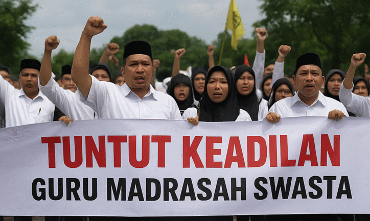 foto ilustrasi Sejumlah guru madrasah swasta di Kabupaten Lebak menggelar aksi protes dengan membentangkan spanduk bertuliskan “Tuntut Keadilan Guru Madrasah Swasta”. 9baralaknusantara.com)
