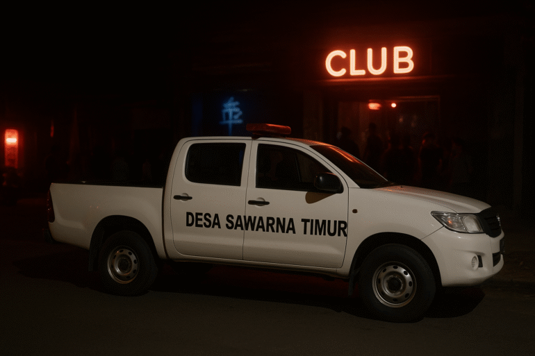 Mobil siaga Desa Sawarna Timur terlihat terparkir di depan bangunan berlampu neon bertuliskan “CLUB” pada malam hari, menimbulkan dugaan penyalahgunaan kendaraan operasional desa.