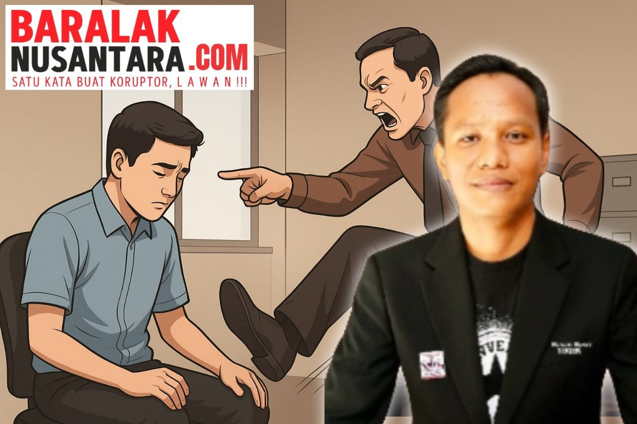 Ilustrasi pejabat memarahi dan menendang bawahan, disandingkan dengan foto Sekjen Baralak Nusantara, Hasan Basri.