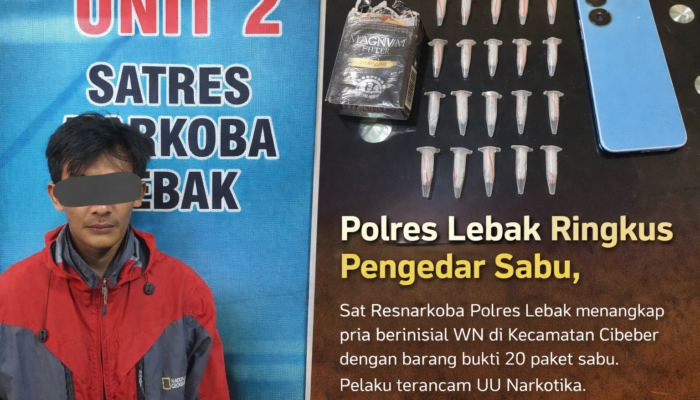 Sat Resnarkoba Polres Lebak Tangkap Pengedar Sabu di Cibeber, 20 Paket Diamankan