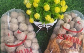 Kemasan bakso dan produk olahan daging merek Senyum dalam plastik bening dengan latar rumput sintetis