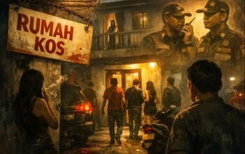 Ilustrasi aktivitas malam di rumah kos kawasan Kalideres yang diduga menjadi lokasi prostitusi terselubung, dengan bayangan aparat dan tamu keluar-masuk.