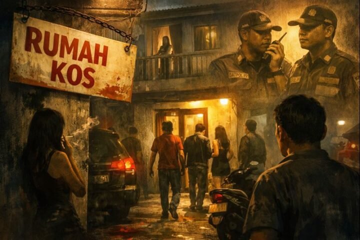 Ilustrasi aktivitas malam di rumah kos kawasan Kalideres yang diduga menjadi lokasi prostitusi terselubung, dengan bayangan aparat dan tamu keluar-masuk.