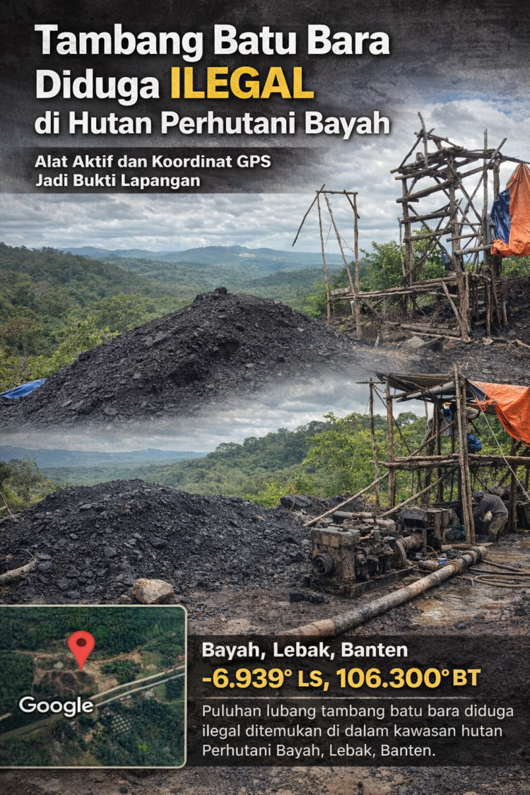 Tumpukan batu bara dan alat tambang aktif diduga ilegal di kawasan hutan Perhutani Bayah, Kabupaten Lebak, Banten