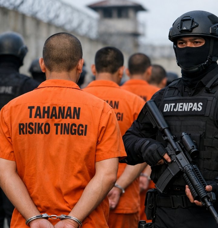 Ilustrasi tahanan risiko tinggi dengan pengawalan ketat petugas Ditjenpas di lingkungan lapas berkeamanan maksimum Nusakambangan.