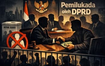 Ilustrasi Pemilukada oleh DPRD yang menggambarkan transaksi politik tertutup, hilangnya hak pilih rakyat, dan ancaman terhadap demokrasi lokal.