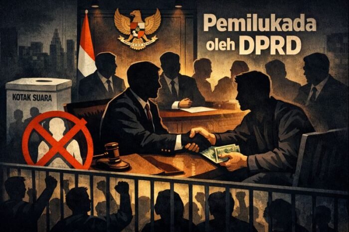 Ilustrasi Pemilukada oleh DPRD yang menggambarkan transaksi politik tertutup, hilangnya hak pilih rakyat, dan ancaman terhadap demokrasi lokal.