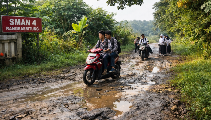Jalan Rusak Menuju SMAN 4 Rangkasbitung Dibiarkan Parah, Keselamatan Ratusan Pelajar Terancam Setiap Hari