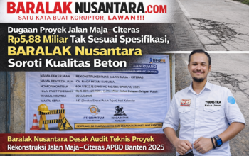 Ketua Umum Baralak Nusantara Yudistra menyoroti dugaan kerusakan proyek Rekonstruksi Jalan Maja–Citeras APBD Banten 2025 senilai Rp5,88 miliar yang retak dan berlubang.