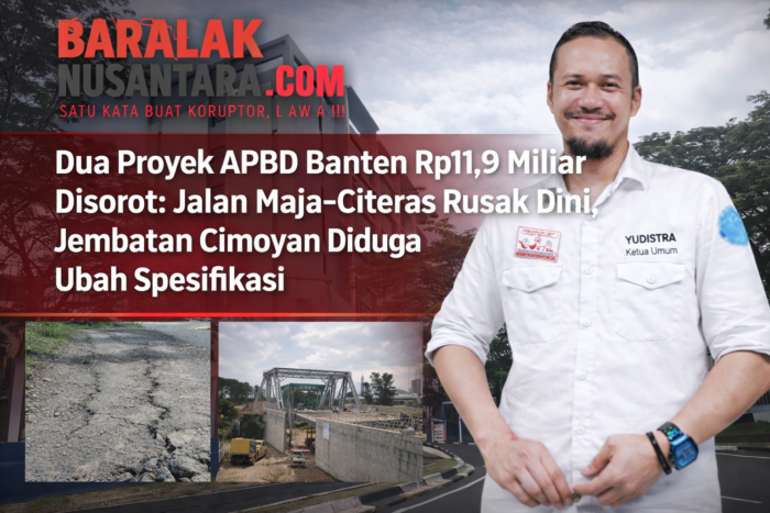 Kondisi retak dan penurunan beton di ruas Jalan Maja–Citeras serta proyek pembangunan Jembatan Cimoyan di Banten.