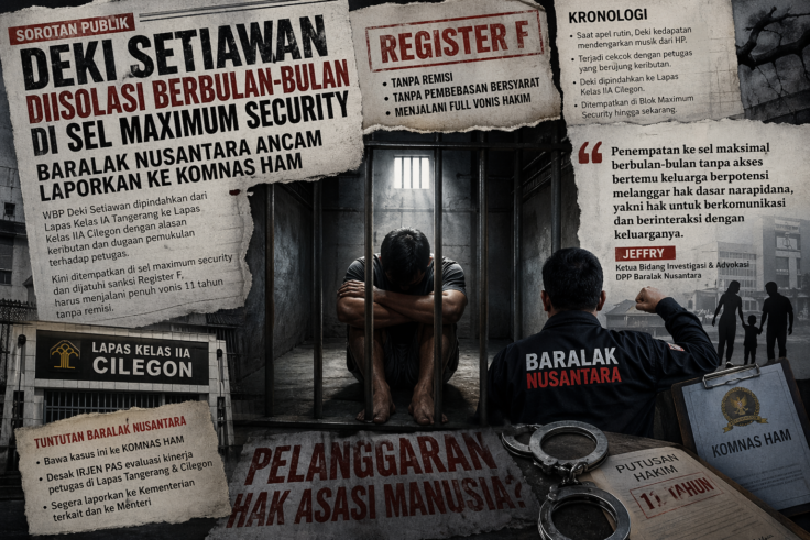 Ilustrasi narapidana duduk tertunduk di dalam sel penjara maximum security dengan latar elemen berita, menyoroti kasus isolasi Deki Setiawan dan dugaan pelanggaran hak asasi manusia.