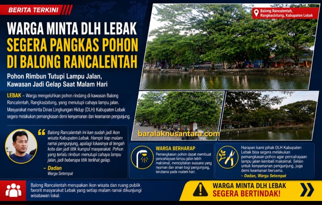 Kondisi pohon rindang di kawasan Balong Rancalentah Rangkasbitung yang menutupi pencahayaan lampu jalan dan dikeluhkan warga karena membuat area menjadi gelap saat malam hari.