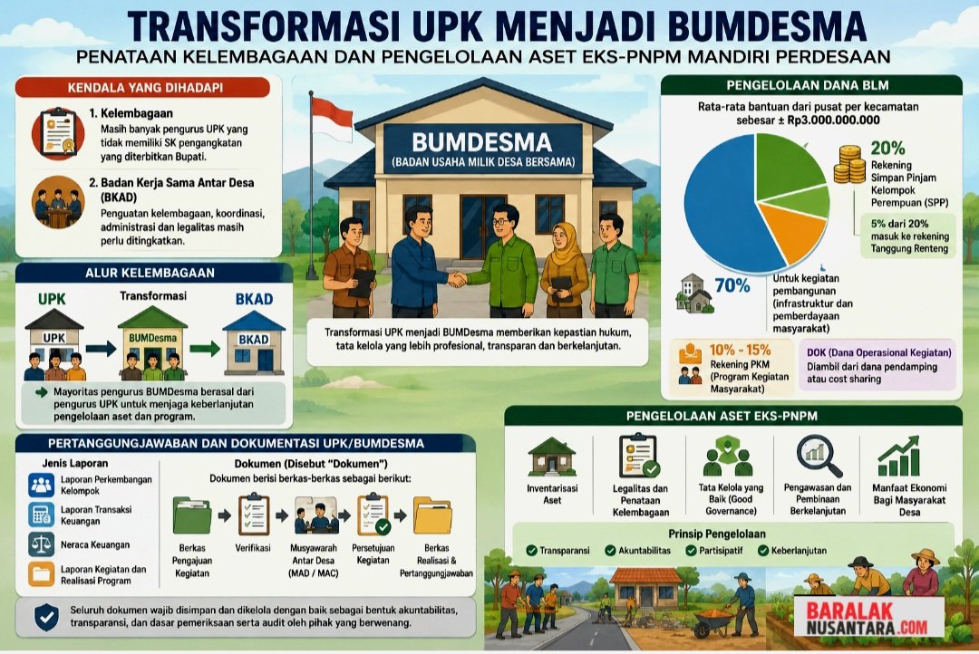 Infografis transformasi Unit Pengelola Kegiatan (UPK) menjadi Badan Usaha Milik Desa Bersama (BUMDesma), mencakup pengelolaan aset eks-PNPM, dana bergulir, tata kelola kelembagaan, dan mekanisme pertanggungjawaban.