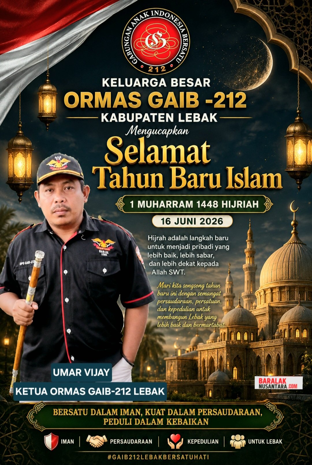 Poster ucapan Selamat Tahun Baru Islam 1 Muharram 1448 Hijriah dari Keluarga Besar Ormas GAIB-212 Kabupaten Lebak, menampilkan tokoh pengurus GAIB-212 dengan latar masjid megah, bulan sabit, lentera Islami, dan nuansa warna emas serta hijau yang elegan