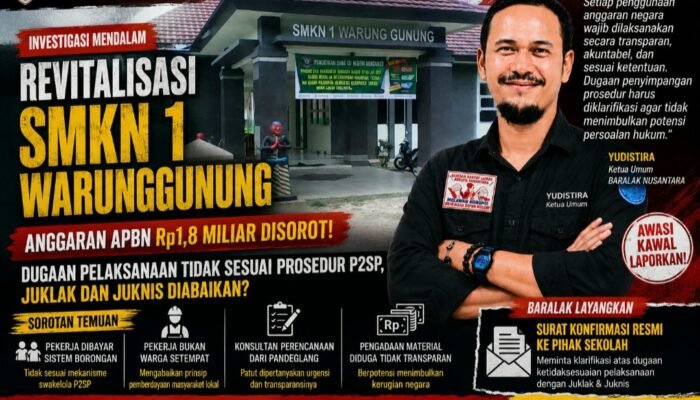 Revitalisasi SMKN 1 Warunggunung Rp1,8 Miliar Disorot, Dugaan Penyimpangan Prosedur P2SP Berpotensi Timbulkan Konsekuensi Hukum