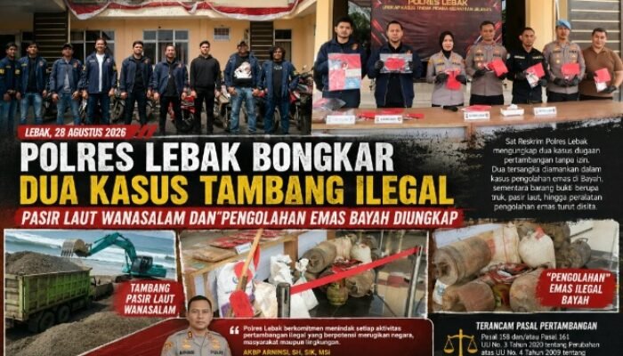 Polres Lebak Bongkar Dua Kasus Dugaan Tambang Ilegal, Pasir Laut Wanasalam dan Pengolahan Emas Bayah Diungkap